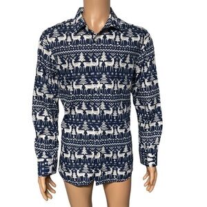 Simon Banks Men’s Blue L Reindeer Print Long Sleeve Button Up Shirt in EUC